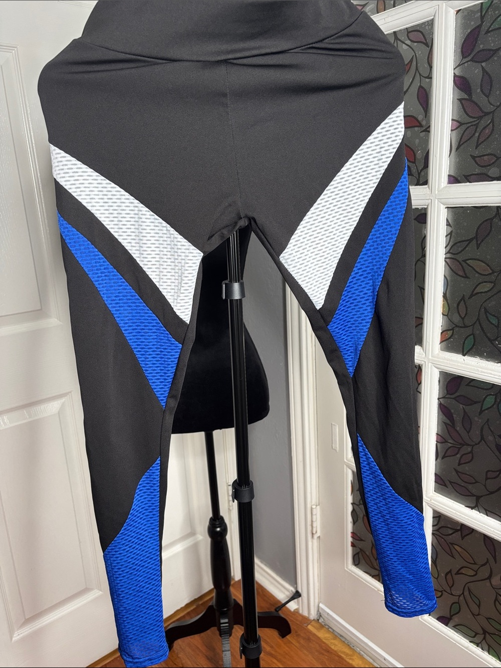 Women’s Black/Blue & white athletic pants with mesh fabric